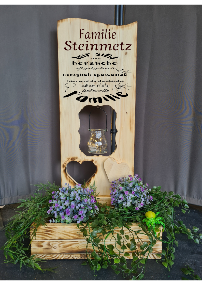 Holzaufsteller Holzschild breit mit Blumenkasten, wir sind eine herzliche