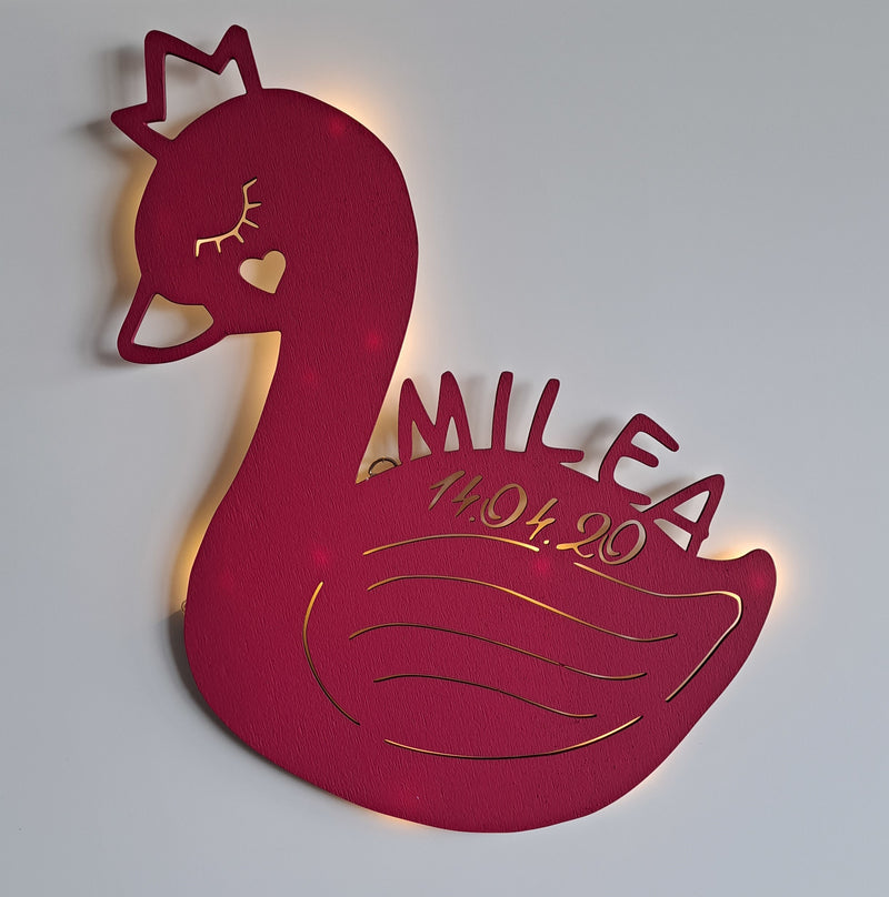 Personalisiertes Schlummerlicht Schwan mit Namen und Datum