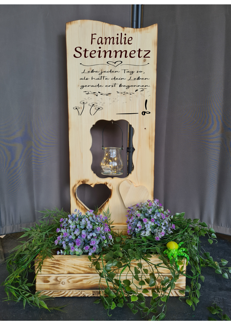 Holzaufsteller Holzschild breit mit Blumenkasten, Lebe jeden Tag so...