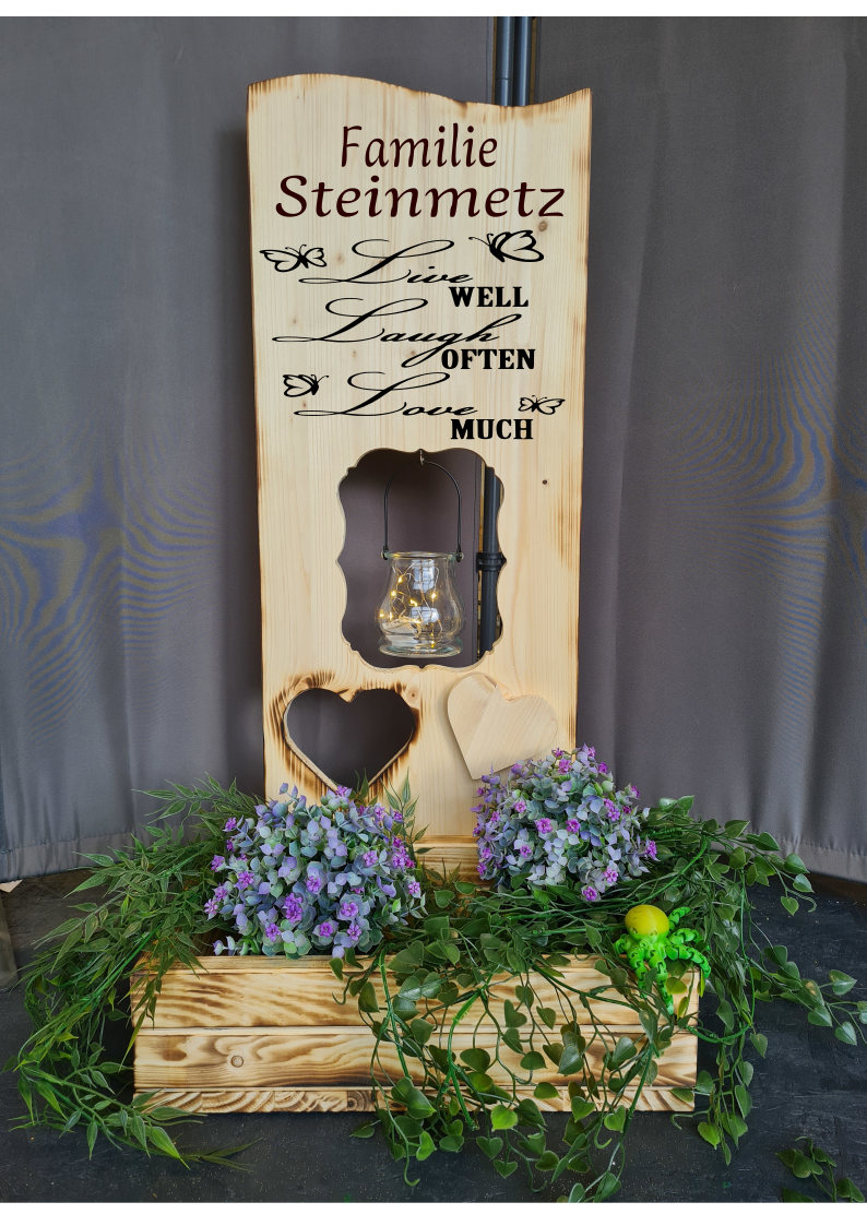 Holzaufsteller Holzschild breit mit Blumenkasten, Live well...