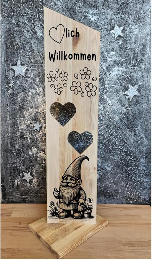 Holzaufsteller, Holz Deko Schild Holzschild Eingangsschild 2 Herzen Zwerg mit Windlicht aus Glas, Geschenk, Weihnachten, Geburtstag