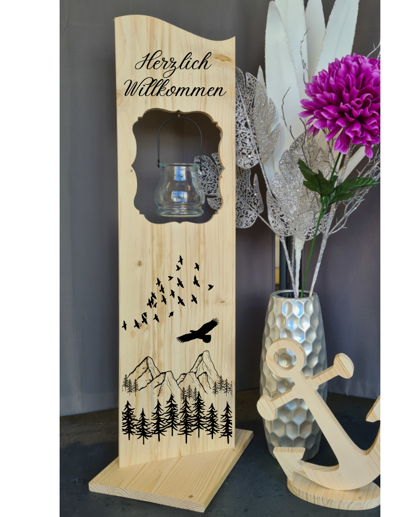 Holzaufsteller, Holz Deko Schild Holzschild Eingangsschild Berge und Wald mit Windlicht aus Glas, Geschenk, Weihnachten, Geburtstag