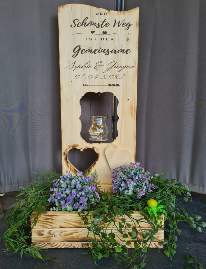 Holzaufsteller Holzschild breit mit Blumenkasten, Zur Hochzeit der schönste Weg ist der gemeinsame