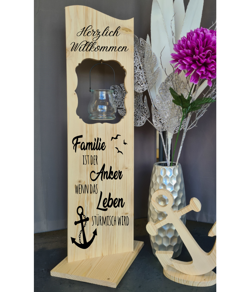 Holzaufsteller, Holz Deko Schild Holzschild Eingangsschild Familie ist der Anker  mit Windlicht aus Glas, Geschenk, Weihnachten, Geburtstag