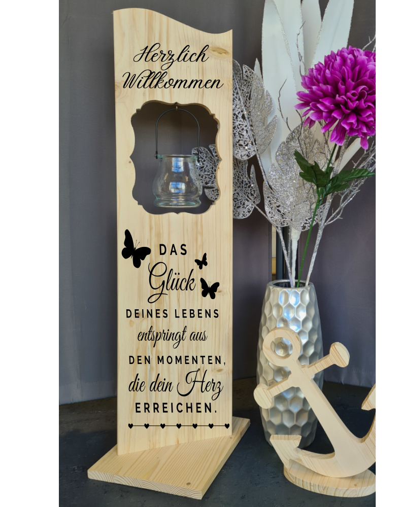 Holzaufsteller, Holz Deko Schild Holzschild Eingangsschild Das Glück Deines Lebens mit Windlicht aus Glas, Geschenk, Weihnachten, Geburtstag