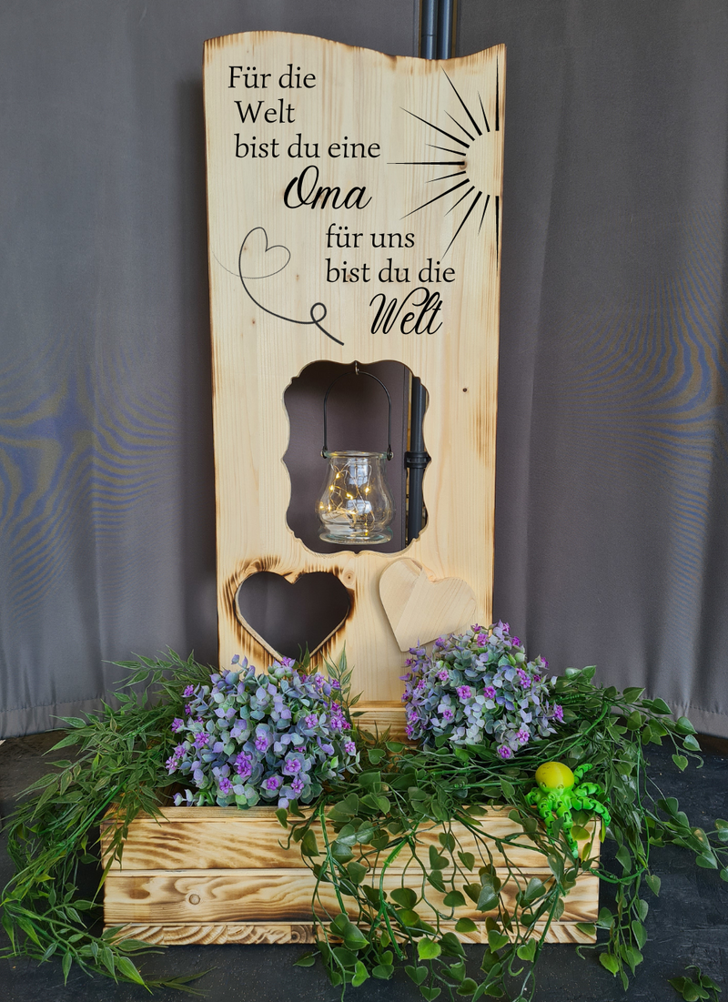 Holzaufsteller Holzschild breit mit Blumenkasten, für die Welt bist Du eine Oma