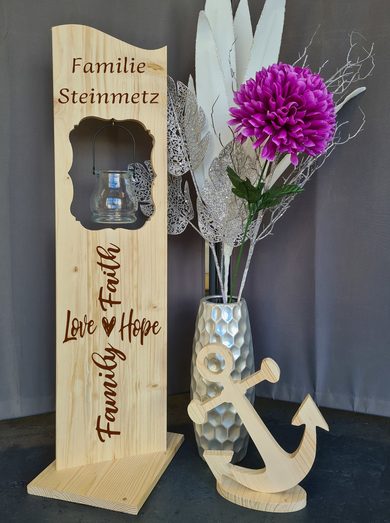 Holzaufsteller Holzschild, Family love hope faith