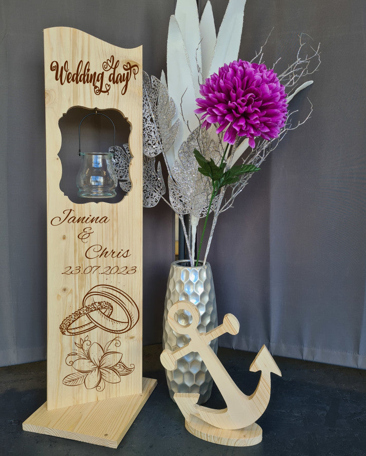 Holzaufsteller Holzschild, Zur Hochzeit Wedding day mit Namen und Datum