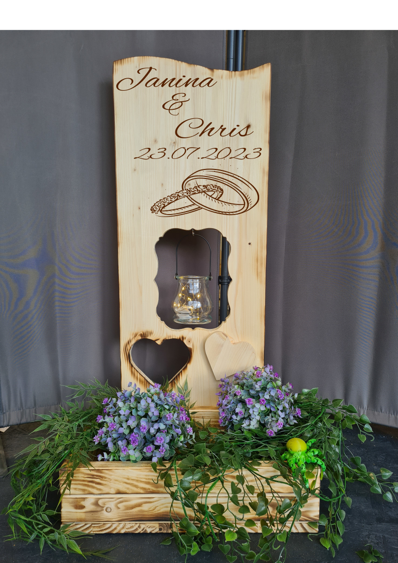 Holzaufsteller Holzschild breit mit Blumenkasten, Zur Hochzeit