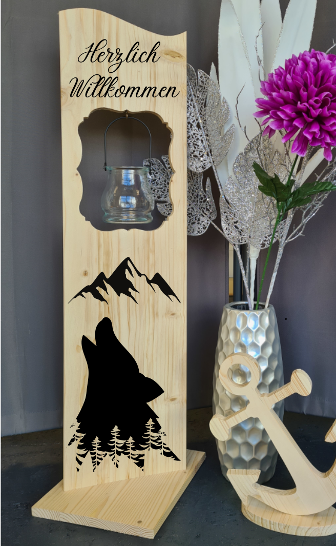 Holzaufsteller, Holz Deko Schild Holzschild Eingangsschild Wolf und Wald mit Windlicht aus Glas, Geschenk, Weihnachten, Geburtstag