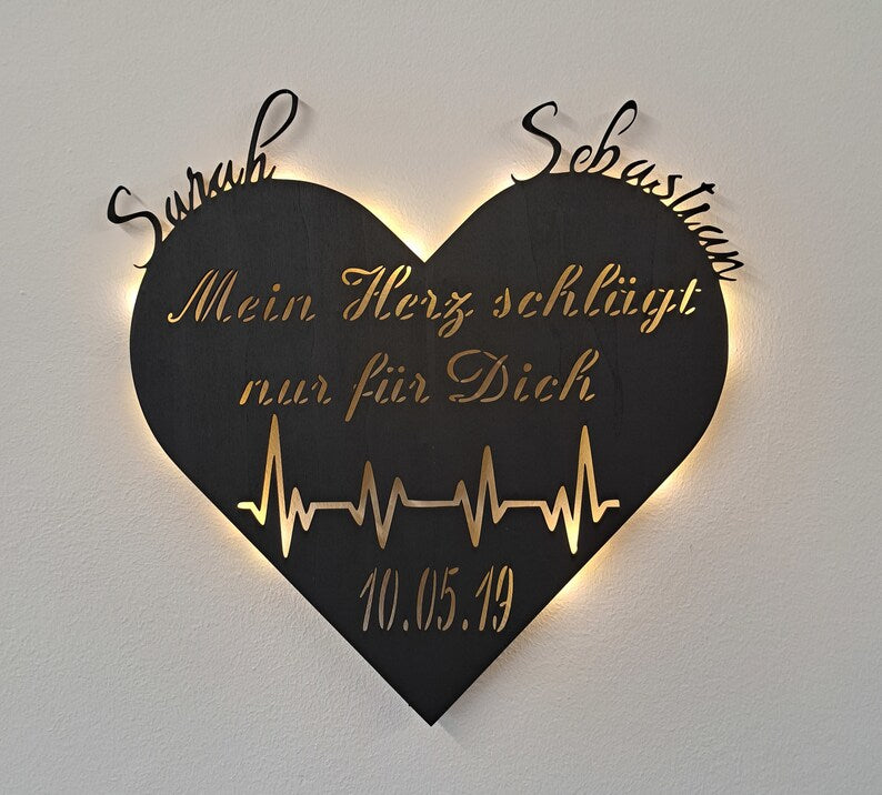 Personalisierte Deko LED Lampe Mein Herz schlägt nur für Dich