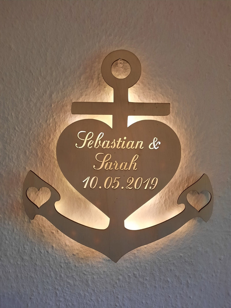 Personalisierte Deko LED Lampe Herz Anker