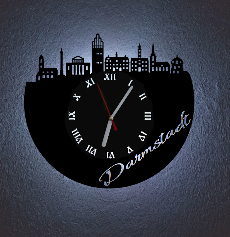 Extravagante Skyline LED Wanduhr, Motiv "Darmstadt"