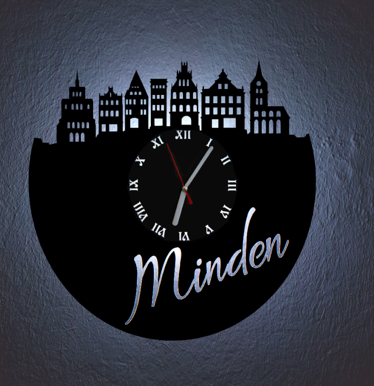 Extravagante Skyline LED Wanduhr, Motiv "Minden"