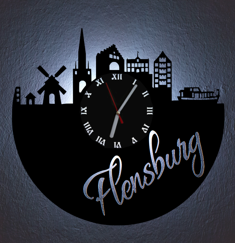 Extravagante Skyline LED Wanduhr, Motiv "Flensburg"