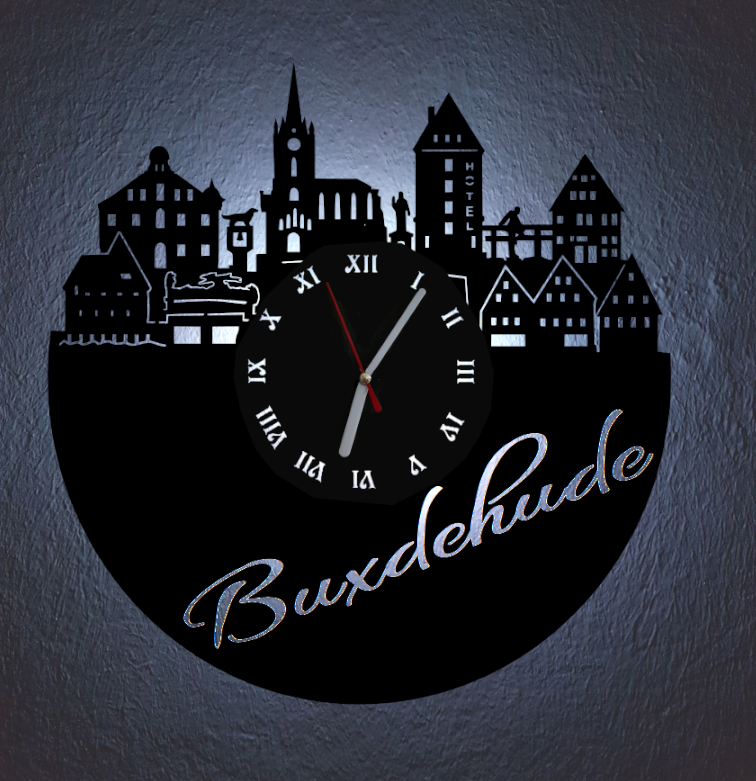 Extravagante Skyline LED Wanduhr, Motiv "Buxdehude"