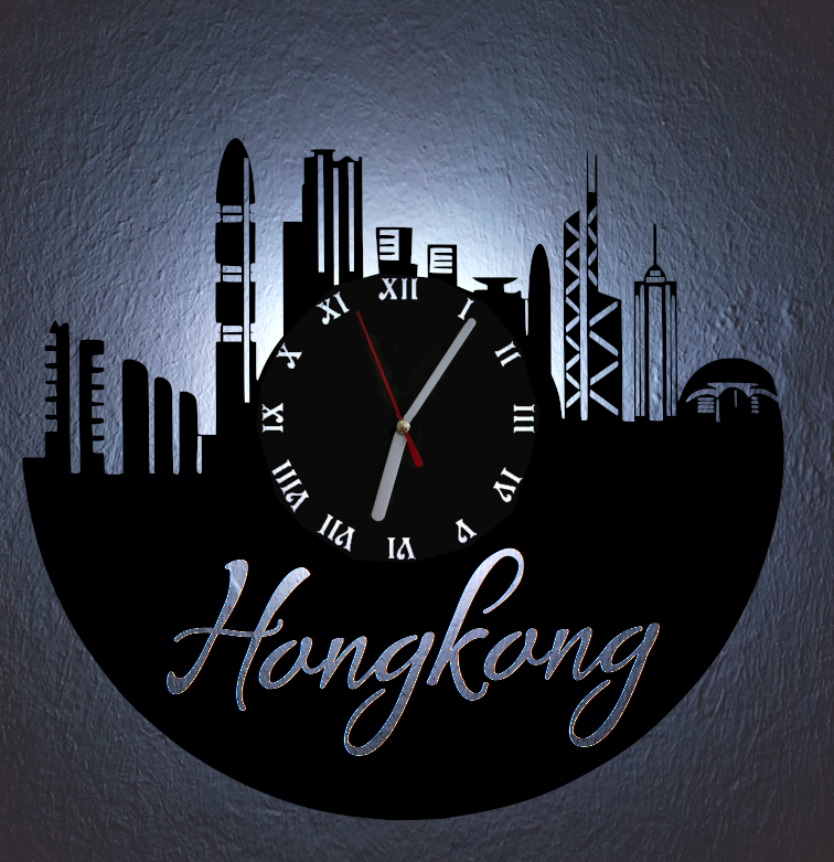 Extravagante Skyline LED Wanduhr, Motiv "Hong Kong"