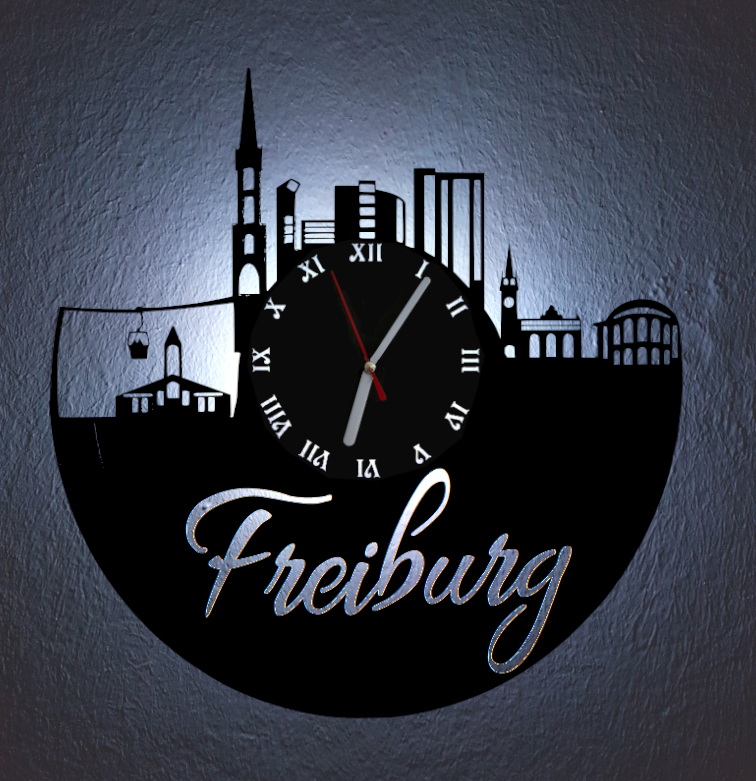 Extravagante Skyline LED Wanduhr, Motiv "Freiburg"